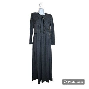 Jesscia Howard Dress, Women 6, Gray w/Black Floral, 2PC w/Jacket, Maxi, EUC